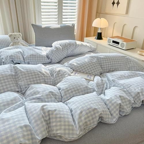 mixinni Gingham Comforter Set Twin XL Size - 3 Piece Light Blue Plaid Farmhouse Bedding, Soft Washed Cotton All-Season Comforter & Pillow Shams, Grid Pattern Classic Style for Boys Girls thumbnail 5