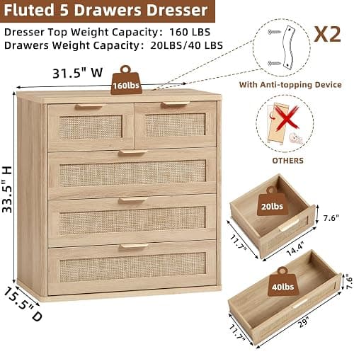 LEYAOYAO Rattan Dresser for Bedroom, 33.5" Tall Chest of Drawers, Modern 5 Drawers Boho Dressers with Storage, Light Oak Dresser Wooden Closet Organizer for Living Room, Hallway, Natural Wood thumbnail 3