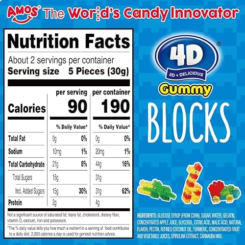 AMOS 4D Gummy Blocks Candy Bricks, Edible Building Blocks, Themed Novelty Candy for Kids Birthday Party, Cupcake Topper, Resealable 2.19oz Bag (Pack of 3) thumbnail 3