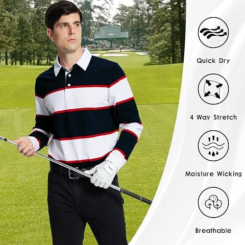 Men's Polo Shirts Long Sleeve Striped Dry Fit Casual Collared Pique Golf Polo Shirts for Mens thumbnail 6