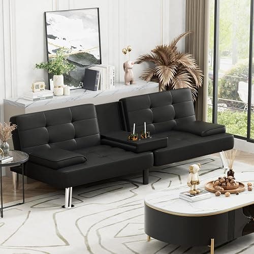 OKWF Futon Sofa Bed, Leather Futon Couch with Removable Armrests, Adjustable Recliner Sleeper Sofa Bed with Dual Cup Holders for Living Room, Apartment, Office (Black), 30.7 x 65 x 28 thumbnail 2
