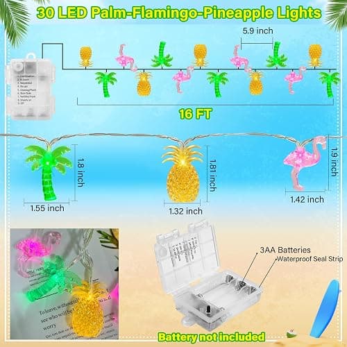 Olixmlya 30 LED [ 8 Modes & Timer ] 16Ft Summer Tropical Beach Hawaiian String Lights Tropical Flamingo Pineapple Palm Tree Fairy Lights Battery Operated for Party Beach Pool Christmas Decor thumbnail 2