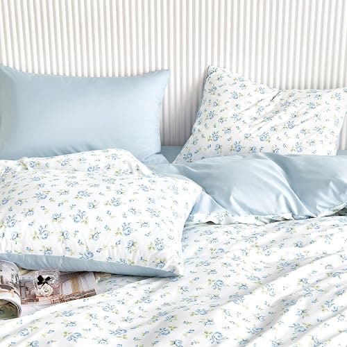 Wake In Cloud - Floral Comforter Set, Coquette Cottagecore Aesthetic Flower Shabby Chic Pattern for Women Teen Girls, Soft Lightweight Bedding, 3 Pieces, White Blue, Queen Size thumbnail 6