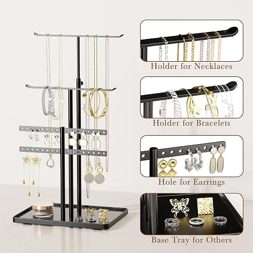 susswiff Jewelry Holder Organizer Stand - Adjustable Jewelry Tree 17.5" Height (Max), Jewlery Hanger for Necklaces, Bracelets, Earrings, Aesthetic for Storage and Display, Metal, Black thumbnail 4