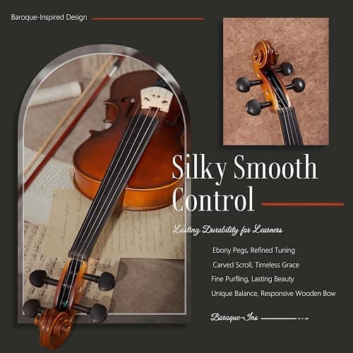 AKLOT Handcrafted Full Size Violin: Solid Wood Matte Fiddle, Acoustic Beginner 4/4 Violin Kit with Hard Case, Lesson Book, Bow, Shoulder Rest, Extra Strings, Tuner, Fretboard Stickers (VRT-AmiMS) thumbnail 3