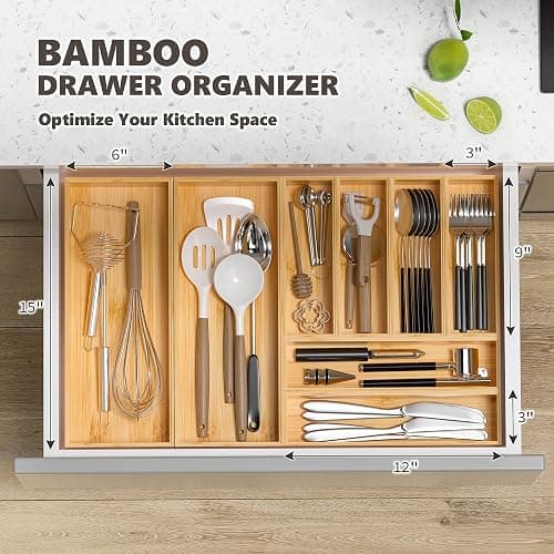 Greatseas Kitchen Drawer Organizer Tray, Stackable Bamboo Deep Drawer Organizer for Large Silverware, Utensils, Cutlery, Flatware,Junk Drawer, Dresser, Bathroom, 17" x 6" x 2.5" (Set of 2) thumbnail 4