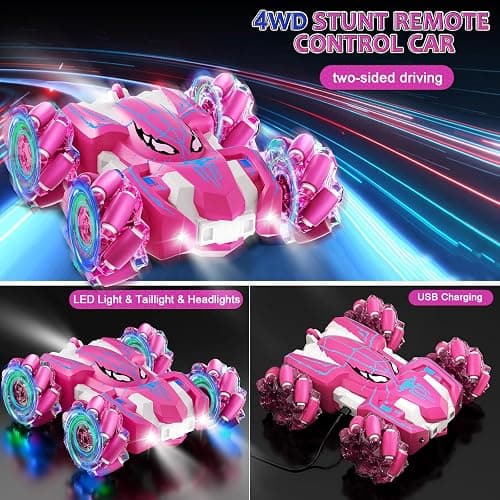 Kikikid Remote Control Car for Girls, Rechargeable RC Cars Toys with Cool Lights, 2.4Ghz Double Sided Drift RC Stunt Cars, 360°Rotating 4WD Off-Road Race Car for 4-6 6-12 Girl Kids Gifts thumbnail 2