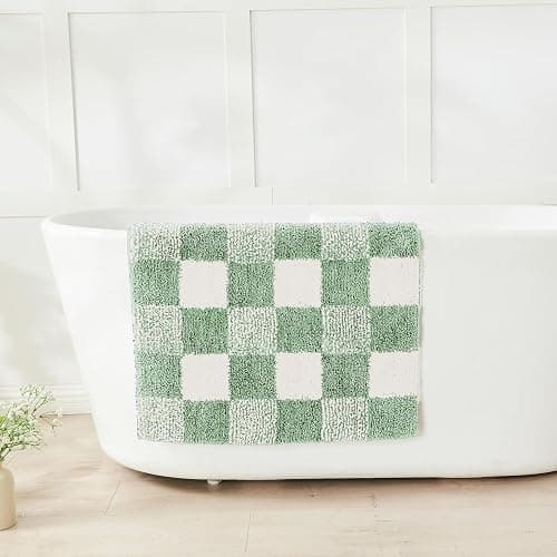 CozeCube Checkered Bath mats for Bathroom Non Slip, Plush Shaggy Bath Rugs for Bathroom Washable, Buffalo Plaid Bath mat, Sage Green, 36" x 24" - 3' x 2' (Rectangular) - Checkered-green - Image 1
