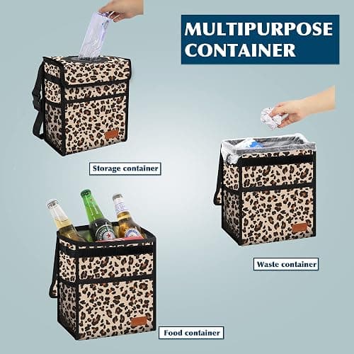 Car Trash Can with Lid Leak Proof Garbage Waterproof Bag for SUV Front Seat Multipurpose Hanging Headrest Collapsible and Portable Storage Mesh Pocket, Leopard Print thumbnail 3