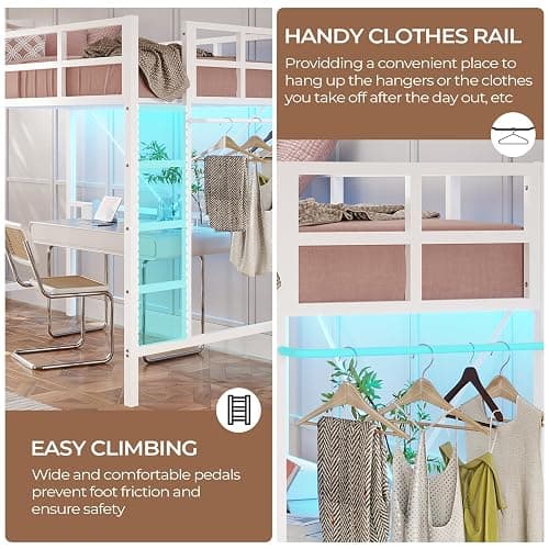 DICTAC Loft Bed Twin Size with Ladder and Guardrail,Metal Twin Loft Bed for Kid/Teen with Led Lights,Small Space Saving Furniture Design for Bedroom,Kid Room and Dorm,No Box Spring Needed, White thumbnail 9