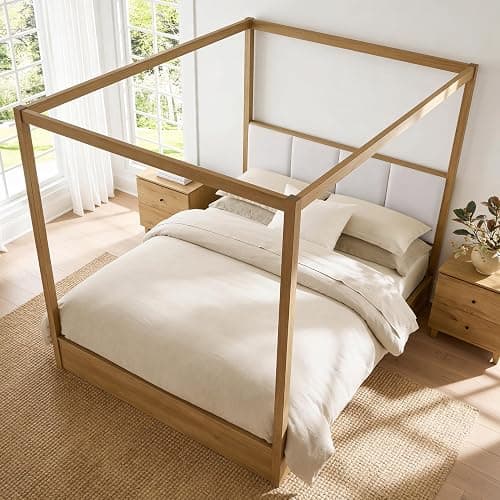 WAMPAT Wood Canopy Bed Frame Queen Size, Oak Bed w/Solid Wood Posters | Modern Wooden Bed Frame w/ 12 Slats & Support Legs, 800 lbs Capacity, No Box Spring Needed, Upholstered Headboard for Bedroom thumbnail 3