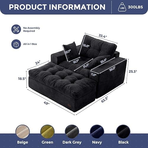 MAXYOYO Oversized Chaise Lounge Sofa, Upholstered Lounge Chair with 3 Pillows, Tufted Boneless Sofa Couch with Ottoman, Deep Seat Sleeper Chair for Living Room, Bedroom, No Assembly, Black thumbnail 2