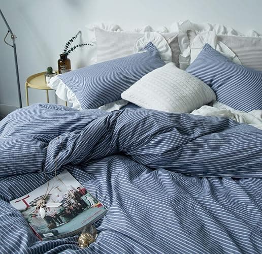 SUSYBAO Blue White Striped Duvet Cover Queen 100% Washed Cotton Denim Blue Ruffle 3 Pieces Set 1 Cute White Lace Duvet Cover with Zipper Ties 2 Pillow Shams Denim Ruffled Bedding Set thumbnail 4