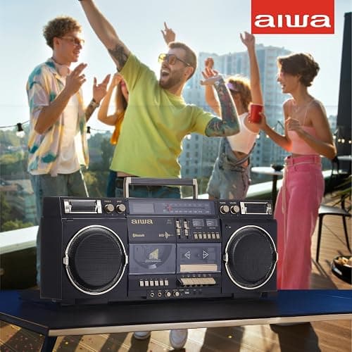aiwa Retro Boombox BackTrack CD Player with Cassette Recording, Bluetooth 5.0, FM/AM Radio, USB/SD/AUX Inputs, VU Meters, LCD Display, Dual 40W Speakers (Black and Gold) thumbnail 4