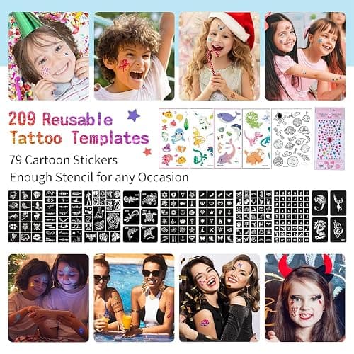 Temporary Glitter Tattoo Kit for Kids & Adults, LCDGTJ 42 Glitter & 6 Fluorescent Color, 209 Stencils, 4 Glue, 5 Brushes, 1 Diamond Sticker, Safe & Easy Removal Face Body Art Birthday Party Supplies thumbnail 3