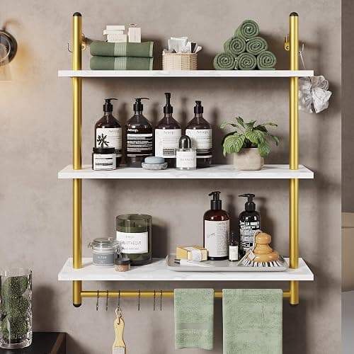 Bestier 31" Industrial Pipe Shelving, Floating Kitchen Wall Shelves 3 Tier Coffee Bar Shelves for Wall with 8 Hooks, Hanging Display Shelf Bookshelf for Living Room Bathroom, White Marble thumbnail 5