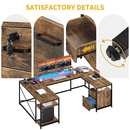 DWVO U Shaped Desk with Drawers, 79" Reversible L Shaped Desk with Power Outlets & LED Lights, Corner Computer Desk with Monitor Stand & Storage Shelves, Rustic Brown thumbnail 8