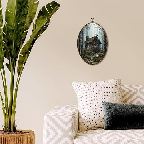 JQF Dark Academia Forest Cabin Crow Oval Wall Decor, Dark Cottagecore Oval Canvas Wall Art, Whimsical Fantasy Forest Nature Framed Prints Hanging Decor for Home Bedroom Living Room, 8.5x11.5 Inch thumbnail 4