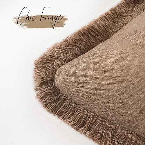 Foindtower Set of 2 Decorative Linen Fringe Throw Pillow Covers Cozy Boho Farmhouse Cushion Cover with Tassels Soft Accent Pillowcase for Couch Sofa Bed Living Room Home Decor,18×18 Inch,Khaki Brown thumbnail 3