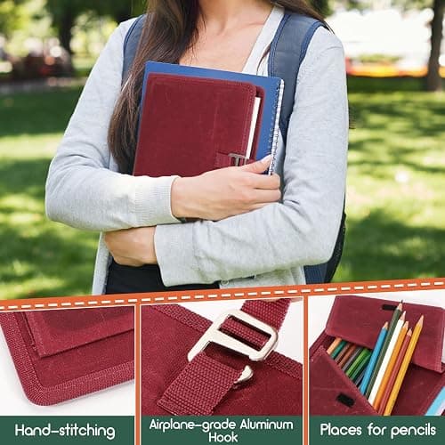 Plinyvel Travel Sketchbook Cover 5.5"x8.5" with Pencil Holder - Waxed Canvas Art Storage Case & Artist Padfolio Organizer Kit (Red) thumbnail 6