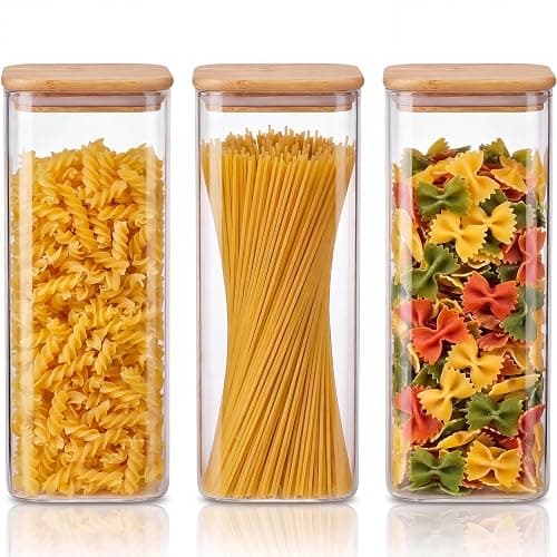 HomArtist Square Glass Jars with Bamboo Lids 79 FL OZ [Set of 3], Glass Canisters with Airtight Lid, Glass Food Storage Containers for Spaghetti, Fettuccine, Linguine,Pasta, Best for Kitchen & Pantry - Image 1