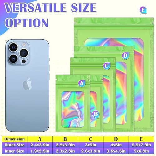 JETMORE 100 Pcs Mylar Bags, Smell Proof Bags Foil Pouch, Holographic Resealable Bags for Small Business, Candy Sample Jewelry Bag Sealable Packaging for Party Favor Food Storage (2.4x3.9in-Green) thumbnail 6