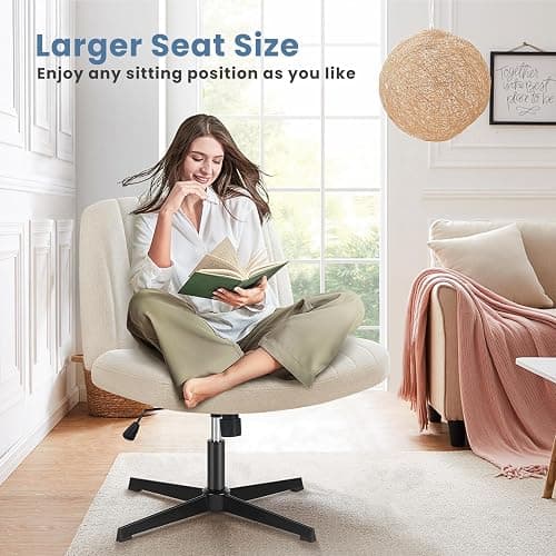 DUMOS Criss Cross Chair No Wheels Wide Cross Legged Office Desk Vanity Chair Comfy Fabric Armless Adjustable Swivel for Home Computer Task (Beige) thumbnail 3