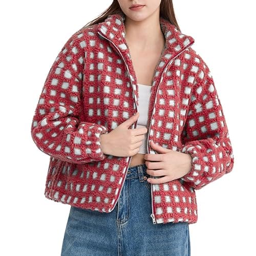 Oymyakon Women Checkered Sherpa Jacket Cropped Long Sleeve Fuzzy Plaid Fleece Coats Casual Zip Up Gingham Outwear thumbnail 2