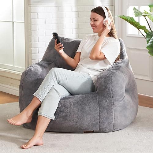 Hobestluk Bean Bag Chair for Adult Small Bean Bag Chairs with Arms Furry Beanbag Chair with Foam Filler Stuffed Bean Bag Sofa for Reading in Bedroom Living Room and Dorms(Grey) thumbnail 3