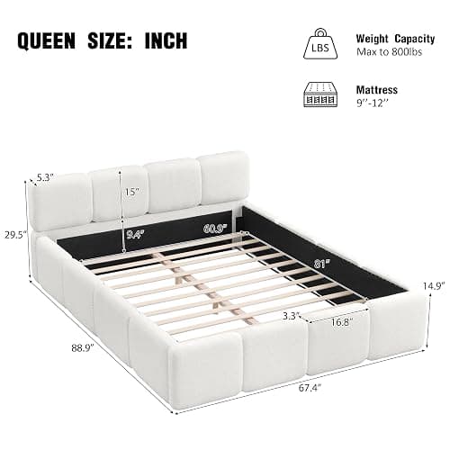 Harper & Bright Designs Queen Size Platform Bed Frame, Floor Platform Bed Grounded Bed Frame with Thick Headboard and Footboard, Block Style, White thumbnail 2