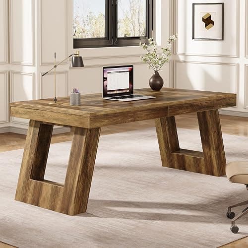 Tribesigns 63 Inches Wood Executive Desk, Large Home Office Computer Desk with Double Pedestal, Industrial Study Writing Table, Business Workstation for PC Laptop, Rustic Brown thumbnail 3