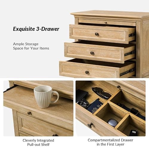 HULALA HOME Farmhouse 3 Drawer End Table with Tray, Drawer Organizer with Solid Wood Legs, End Table with Charging Station（Natural） thumbnail 5