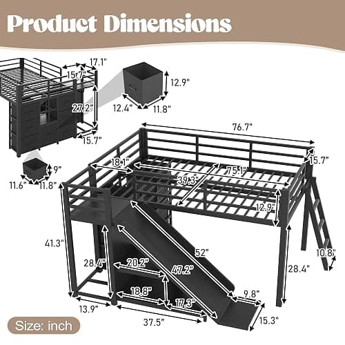 Bellemave Twin Size Loft Bed with 7 Non-Woven Fabric Drawers, Shelves and Wardrobe, Twin Loft Bed with Detachable Slide and Ladders, Low Profile Loft Beds with Lights, Noise Reduced Design Black thumbnail 2