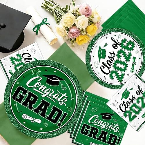 Graduation Plates and Napkins 2026, 200pcs Green Graduation Decorations Class of 2026 Grad Congrats Green Plates and Napkins Party Supplies for Graduation Party Favors,Serve 50 thumbnail 2