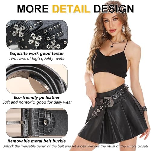 EVERBLTING Black Western Cowboy Belt for Men Women Western Cowboy Cowgirl Y2k Studded Belt Western Punk Studded Belts thumbnail 4