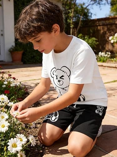 KIDLAGA Kids Toddler Boy Clothes Outfits Bear Print Tee + Plaid Shorts 2 Pieces Summer Shorts Set thumbnail 3
