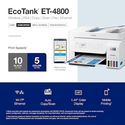 Epson EcoTank ET-4800 Wireless All-in-One Cartridge-Free Supertank Printer with Scanner, Copier, Fax, ADF and Ethernet – Ideal-for Your Home Office, White thumbnail 5