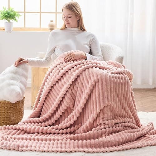 NEWCOSPLAY Super Soft Throw Blanket Pink Premium Silky Flannel Fleece 3D Ribbed Jacquard Lightweight Bed Blanket All Season Use (Pink Ribbed, Throw(50"x60")) thumbnail 7