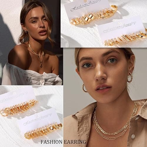 16-24 Pairs Gold Silver Black Earring Set for Women, Chunky Earring Multipack Punk Trendy Big Small Stud Hoop Earring Lightweight Twisted Pearl Ear Pack For Daily Birthday Party Gift thumbnail 3