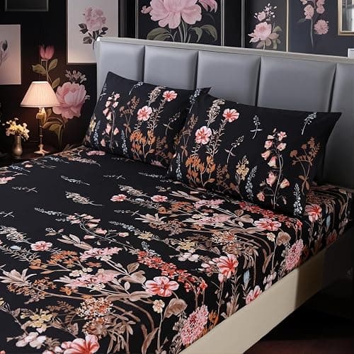 MAG 3pcs Black Floral Queen Bed Sheet,Microfiber Flower Bedding Sheet Set,Boho Bedding Sheet Set with 1 Fitted Sheet and 2 Pillowcases,14 Inches Deep (Black, Queen) - Image 1