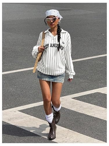 SOLY HUX Women's Oversized Tees Striped Letter Print Y2k Jersey T Shirt Collar V Neck Long Sleeve Loose Tops thumbnail 4
