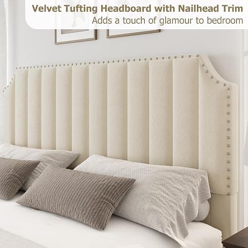 GarveeHome Queen Size Platform Bed Frame with 50.2 in Headboard, Velvet Upholstered Bed Frame Queen with Vertical Channel Tufted Headboard & Footboard, Nailhead Trim, No Box Spring Needed, Cream thumbnail 5