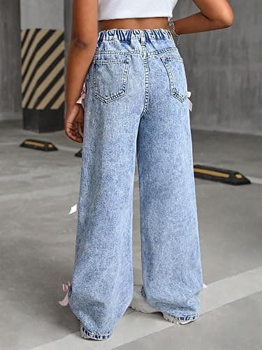 Fulihug Jeans for Girls Baggy Wide Leg Cute Bow High Elastic Waisted Denim Pants Y2K Boyfriend Skater Streetwear 7-14Y thumbnail 2
