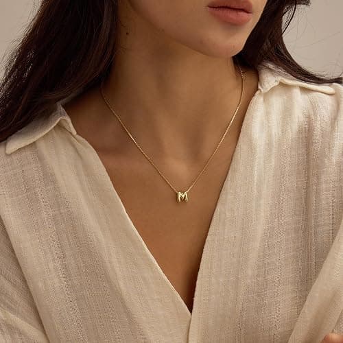 MARYLAX Bubble Letter Necklaces for Women, 14K Gold Plated Letter Necklace, Dainty Gold Initial Necklaces for Women Personalized Bubble Pendant Name Necklace, Trendy Gold Jewelry - Gold - M thumbnail 3