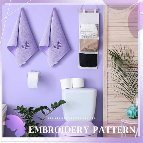 SmoothNovelty 2 Pcs Butterfly Hand Towels Purple Bathroom Decor 14x29 Inch | Embroidered Bathroom Hand Towels, 100% Cotton, Soft Absorbent, Purple Butterfly Bathroom Kitchen Decor thumbnail 7