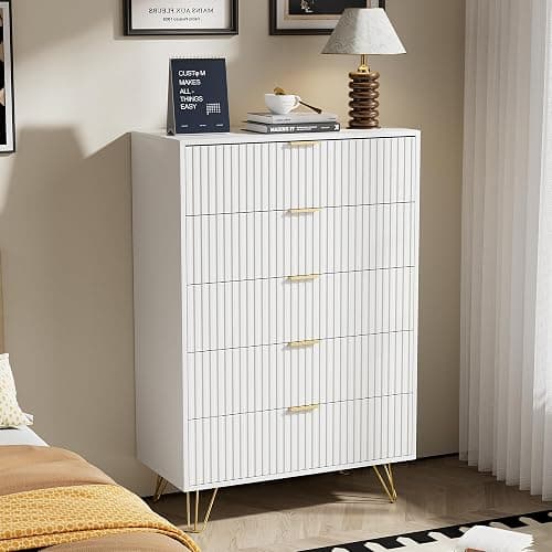 Furniway White Dresser for Bedroom, Fluted Modern Dresser with Gold Pulls and 5 Drawers, 15.7" D x 31.5" W x 47.2" H thumbnail 3