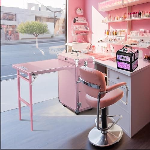 BYOOTIQUE Pink Rolling Manicure Table with Storage Protable Nail Station Kit with Makeup Train Case Cosmetic Organizer for Beauty Salon Barbershop Manicurist thumbnail 2