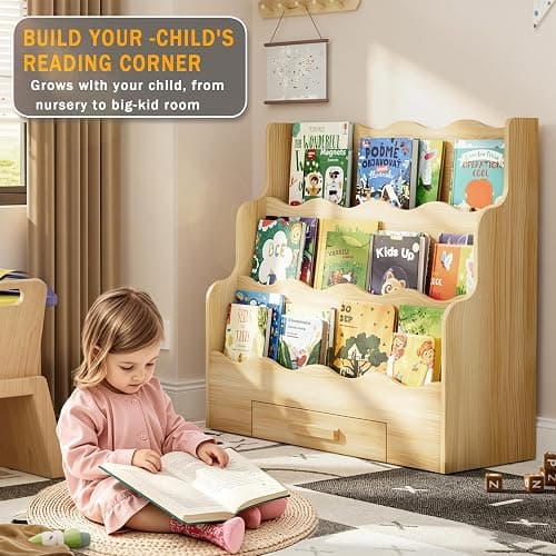 FIKSG 3-Tier Montessori Scalloped Kids Bookshelf with Drawer | 29.6" Wide Natural Wood Forward Facing Bookcase for Toddlers, Children's Book Display and Organizer for Playroom,Nursery thumbnail 8