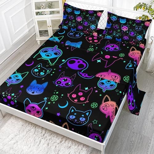 Axolotl Neon Cats Twin Cute Gradient Cat Bed Sheets, Flat & Fitted Sheet 2 Pillow Cases, Black - Image 1