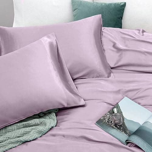Vonty Satin Sheets King Size Silky Soft Satin Bed Sheets Luxury Lavender Sheet Set, 1 Deep Pocket Fitted Sheet + 1 Flat Sheet + 2 Pillowcases thumbnail 5